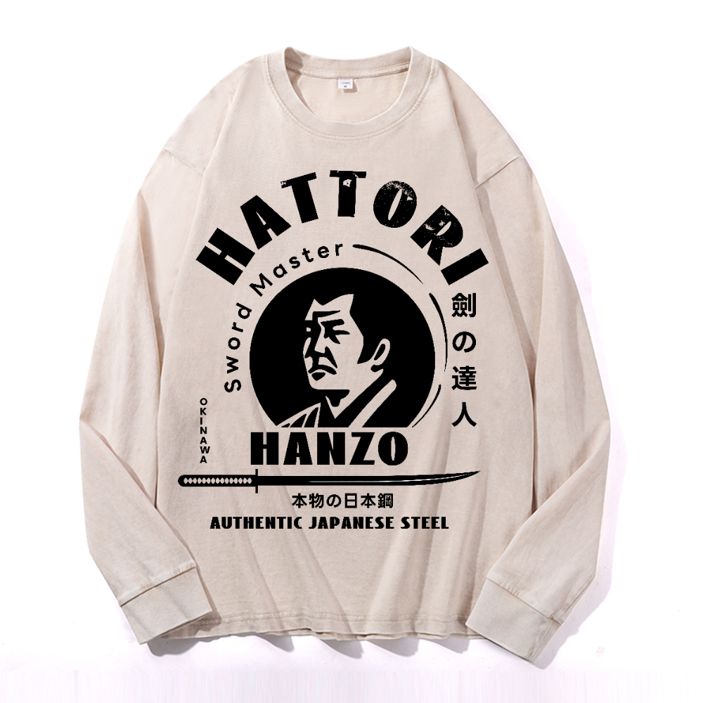 Okinawa Hattori Hanzo Vintage Cotton Wash Crewneck Long-Sleeve T-Shirt