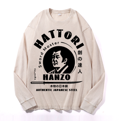 Okinawa Hattori Hanzo Vintage Cotton Wash Crewneck Long-Sleeve T-Shirt