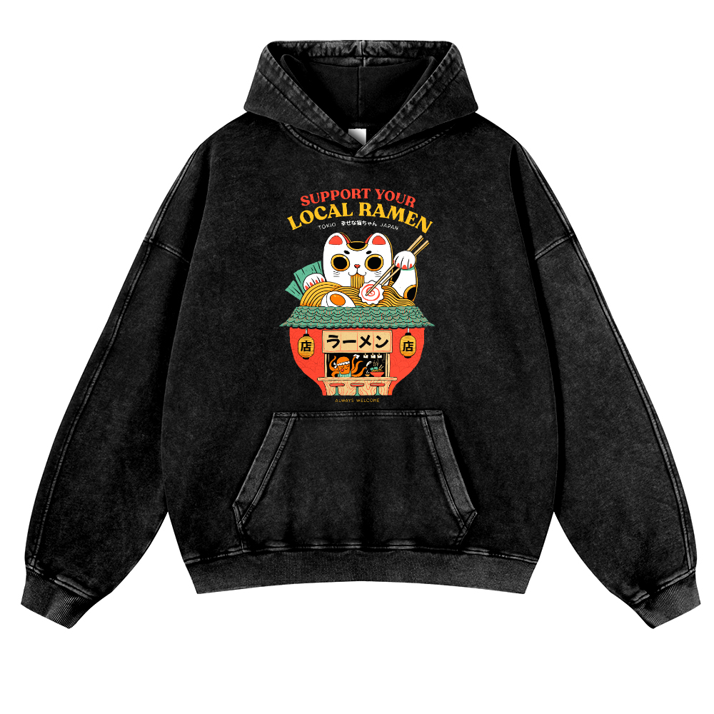 Lucky Cat Vintage Washed Thick Cotton Hoodie