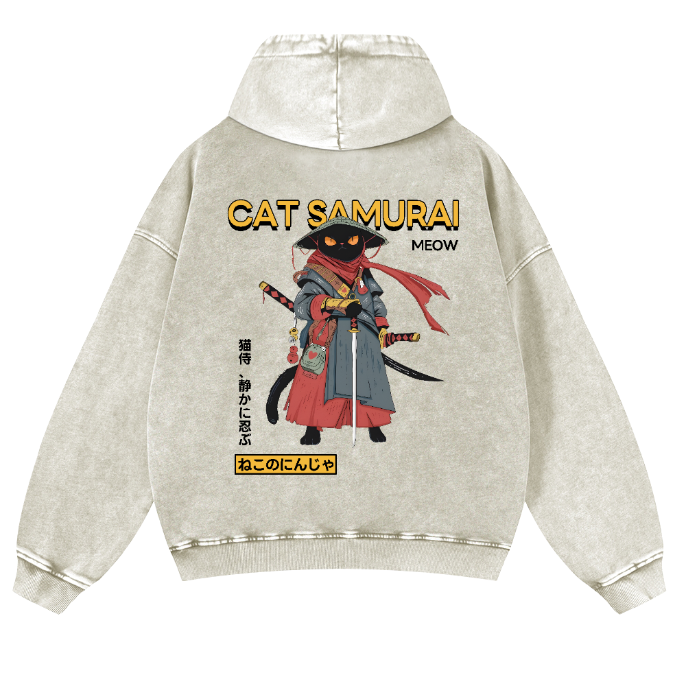 Cat Samurai Vintage Washed Cotton Back Art Hoodie