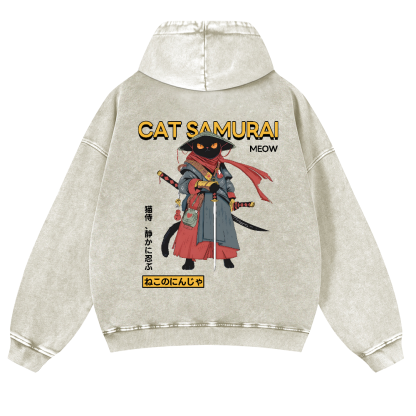 Cat Samurai Vintage Washed Cotton Back Art Hoodie