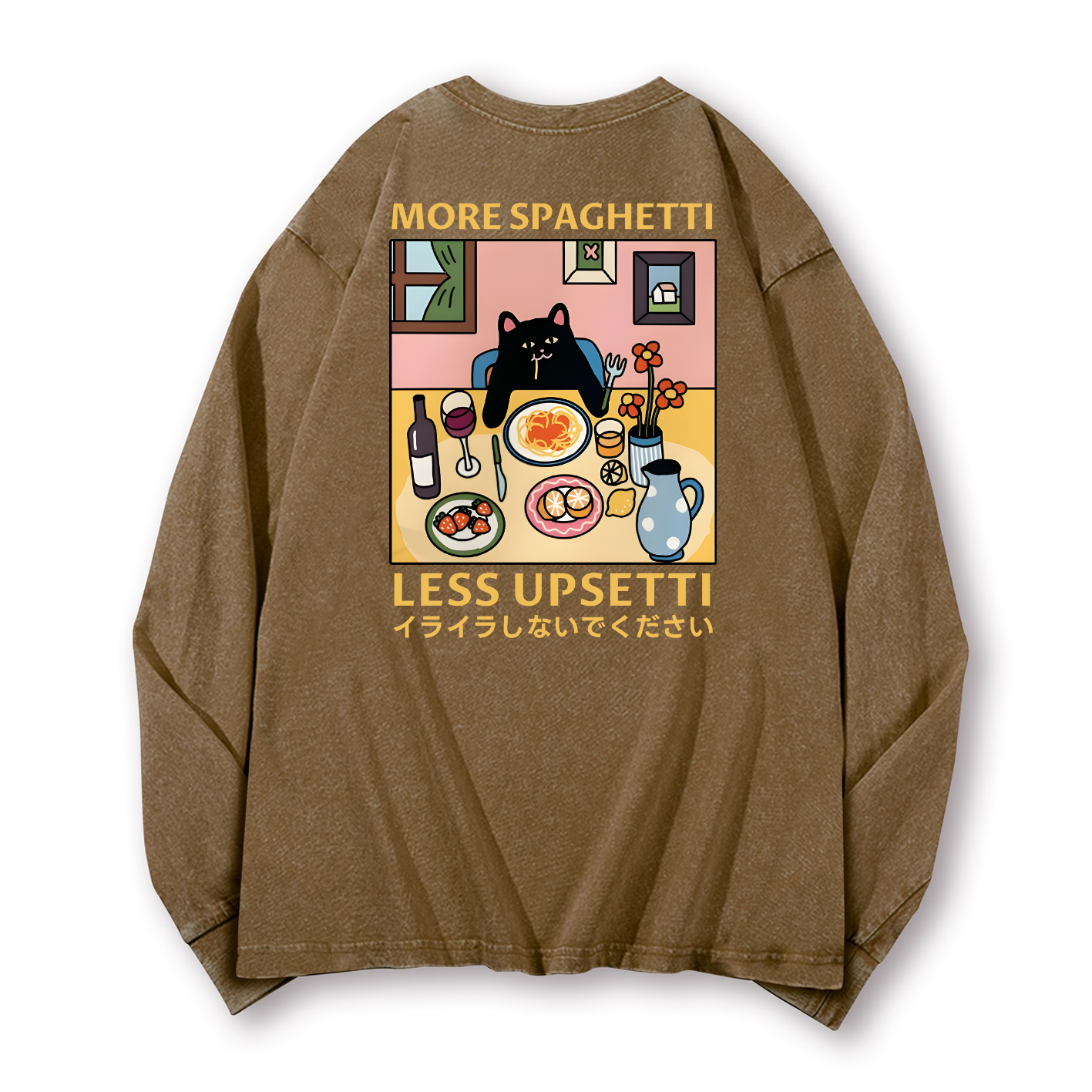 Spaghetti Cat Vintage Washed Cotton Back Art Long-sleeve T-shirt