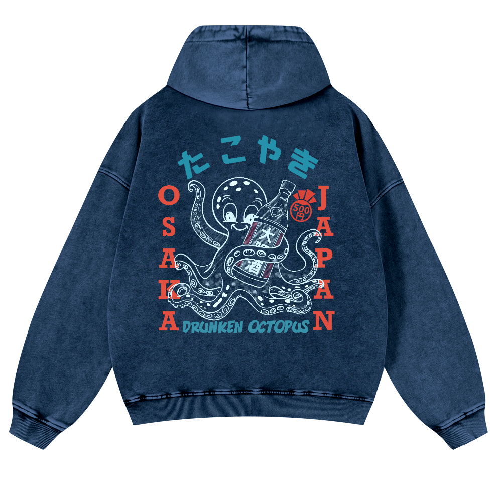 Osaka Drunken Octopus Vintage Washed Cotton Back Art Hoodie