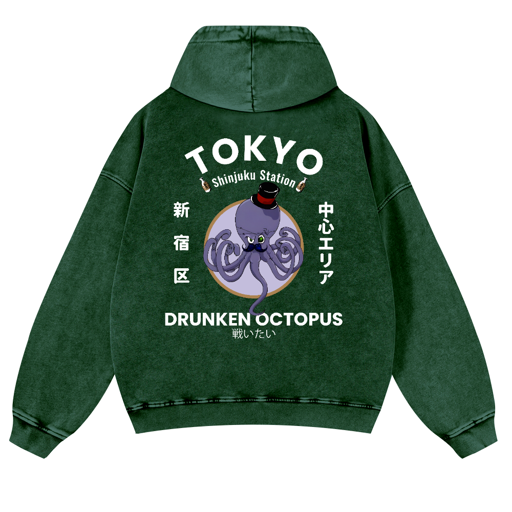 Tokyo Drunken Octopus Vintage Washed Cotton Back Art Hoodie