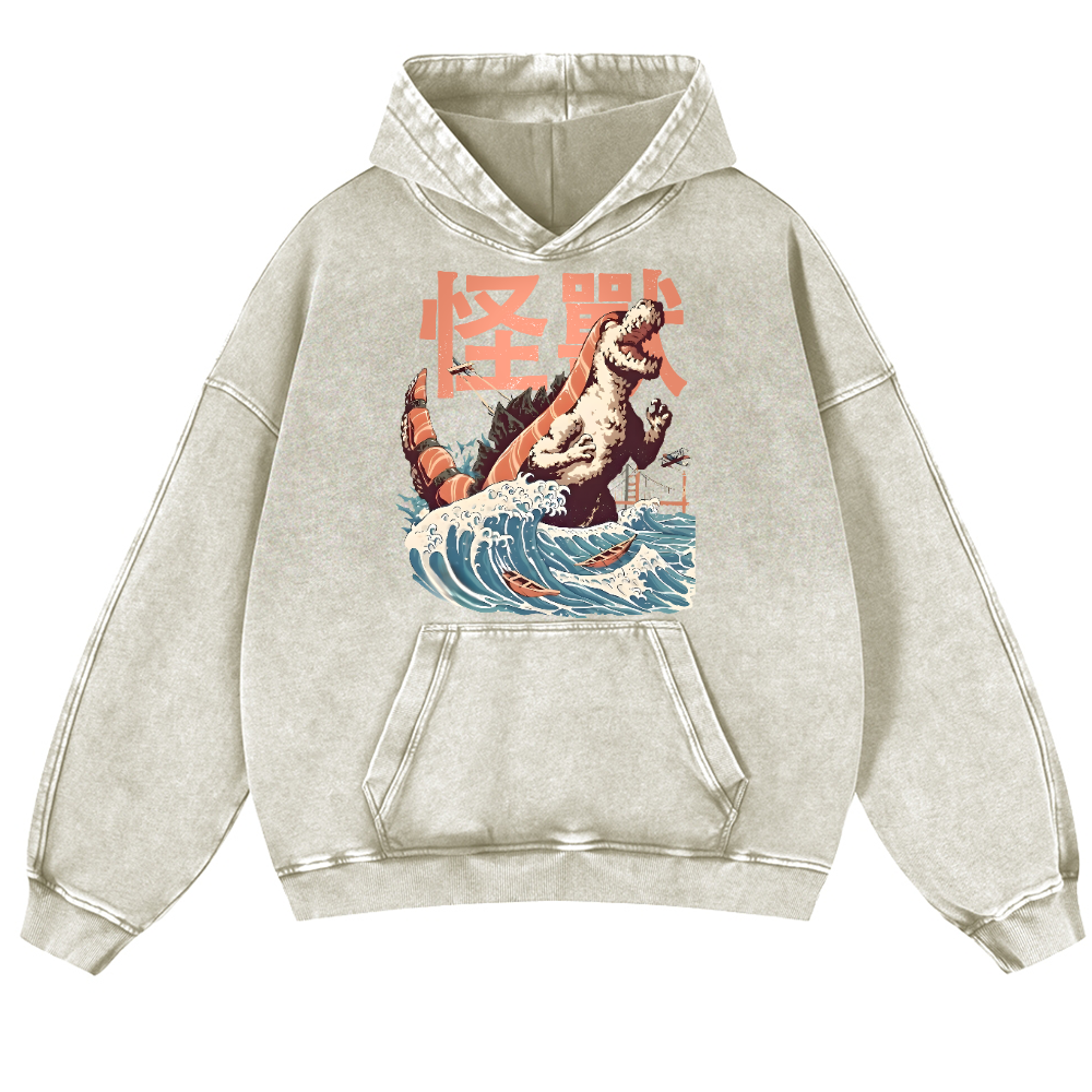 Godzilla Sushi Monster Wave Vintage Washed Thick Cotton Hoodie