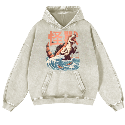 Godzilla Sushi Monster Wave Vintage Washed Thick Cotton Hoodie