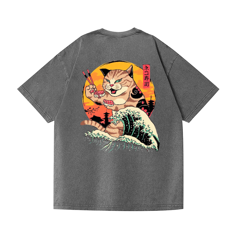 Sushi Cat Vintage Wash Japanese Design Back Art T-Shirt
