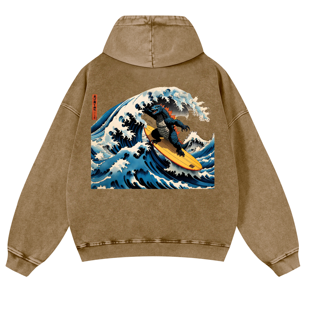 Godzilla Ukiyoe Wave Vintage Washed Cotton Back Art Hoodie