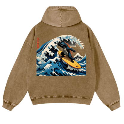 Godzilla Ukiyoe Wave Vintage Washed Cotton Back Art Hoodie