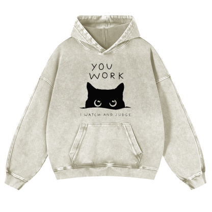 Cat Watching Your Work Vintage Washed Thick Cotton Hoodie