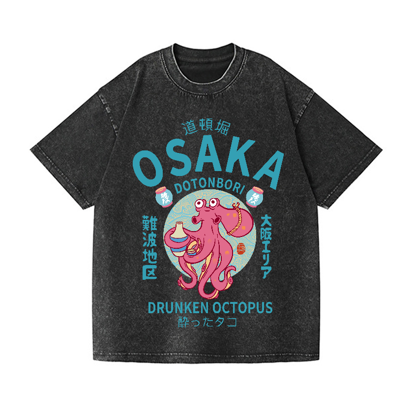 Osaka Dotonbori Drunken Octopus Vintage Wash Japanese Design T-Shirt
