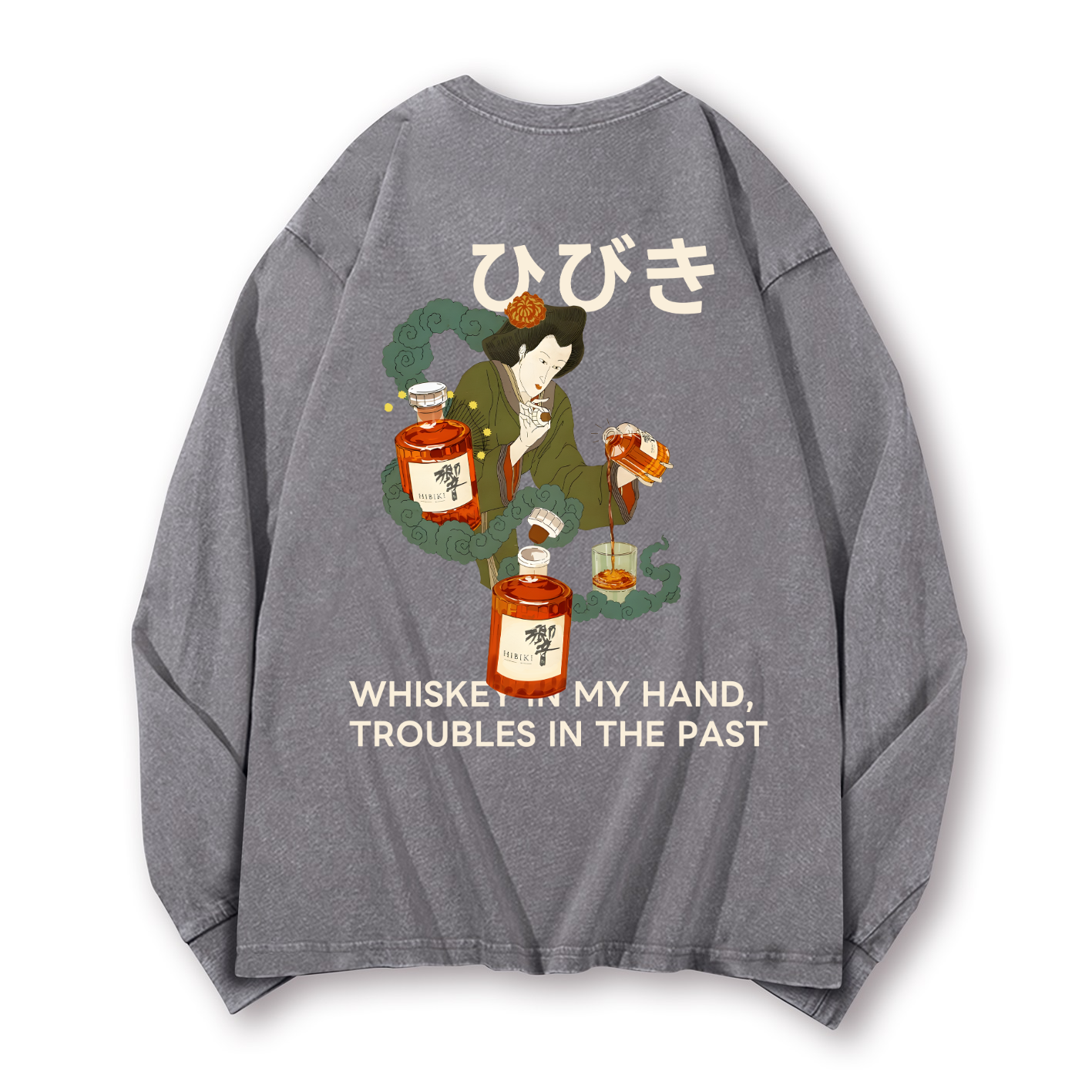 Hibiki Whisky Vintage Washed Cotton Back Art Long-sleeve T-shirt