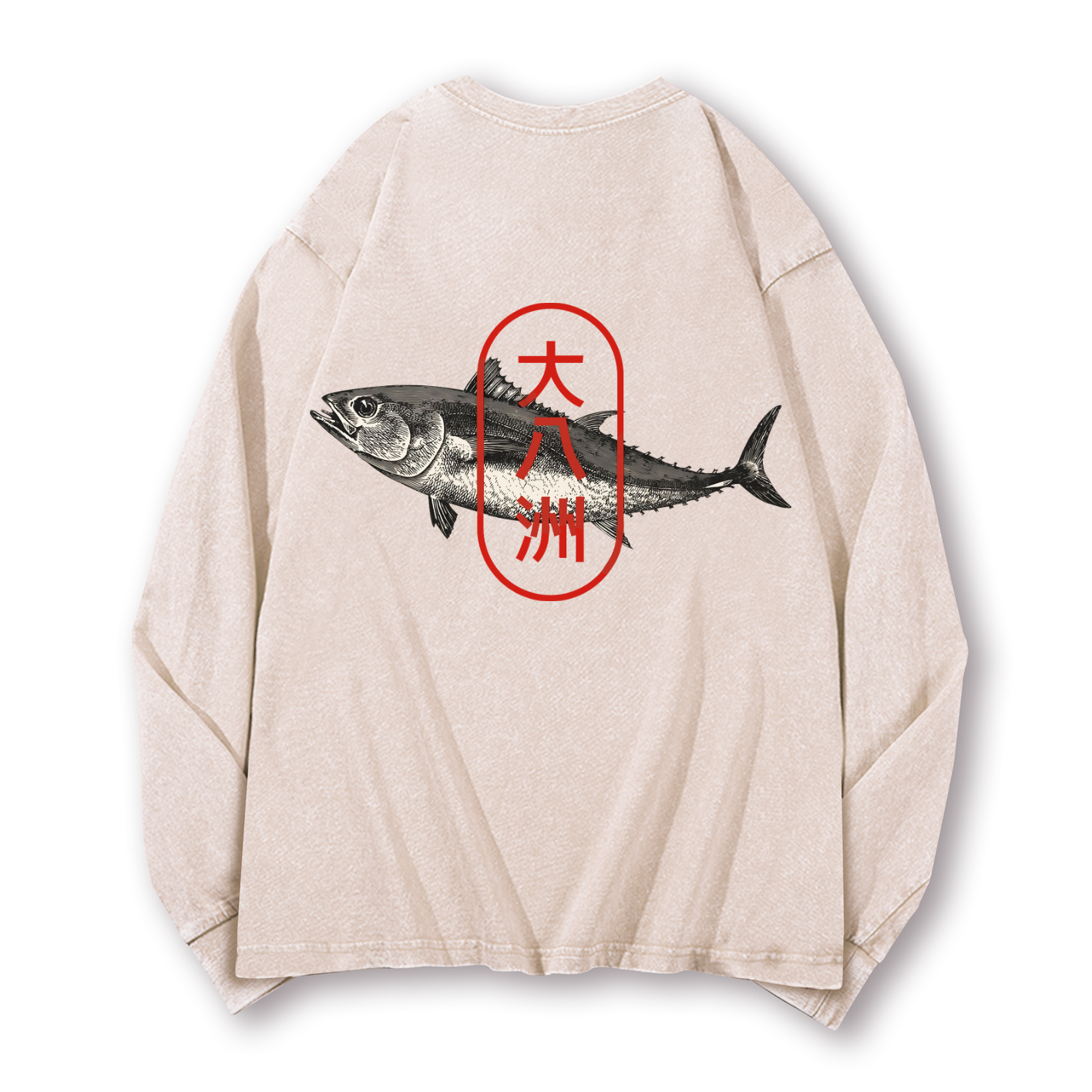 Great Eight Islands of Japan Tuna Fish Vintage Washed Cotton Back Art Long-sleeve T-shirt