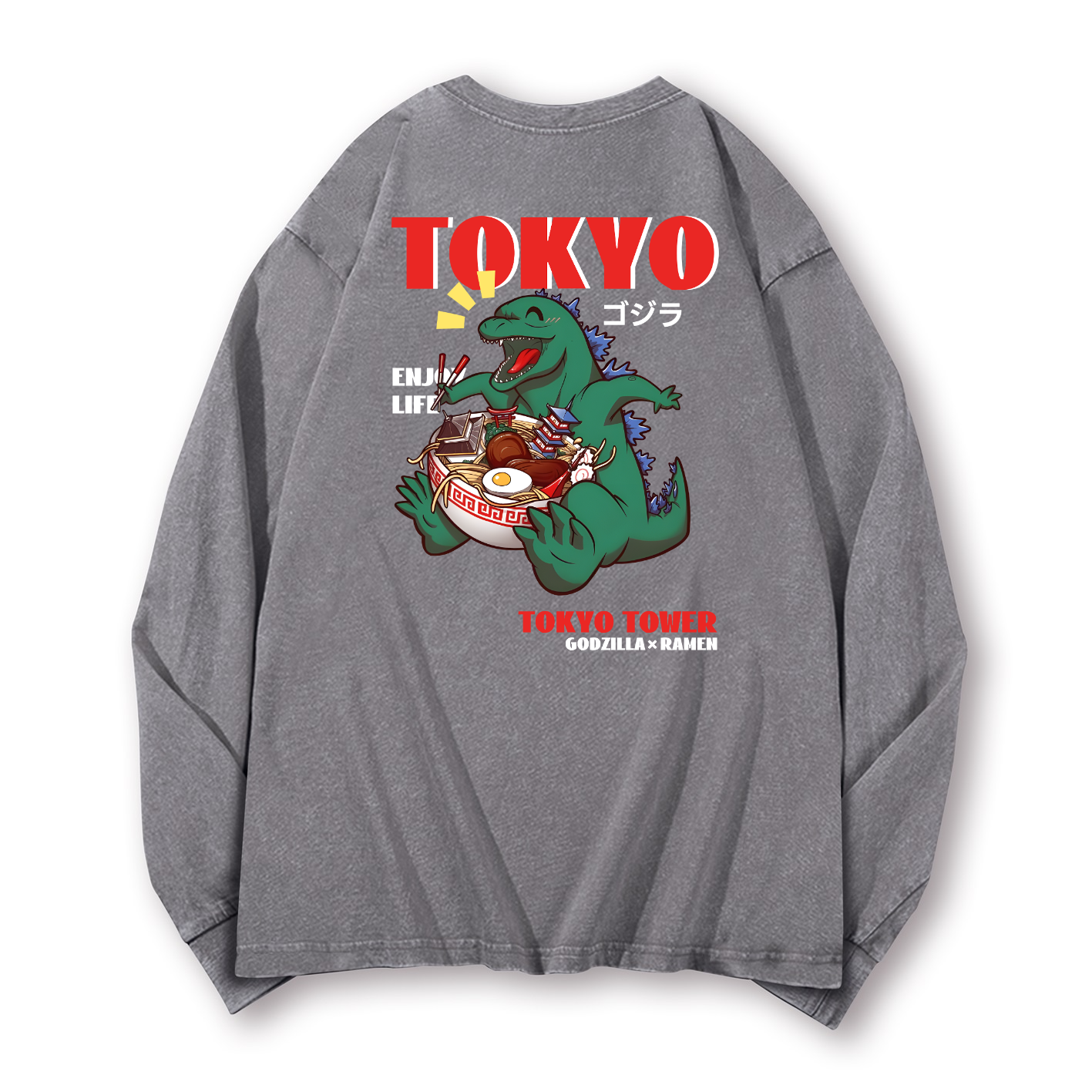 Ramen Godzilla Vintage Washed Cotton Back Art Long-sleeve T-shirt