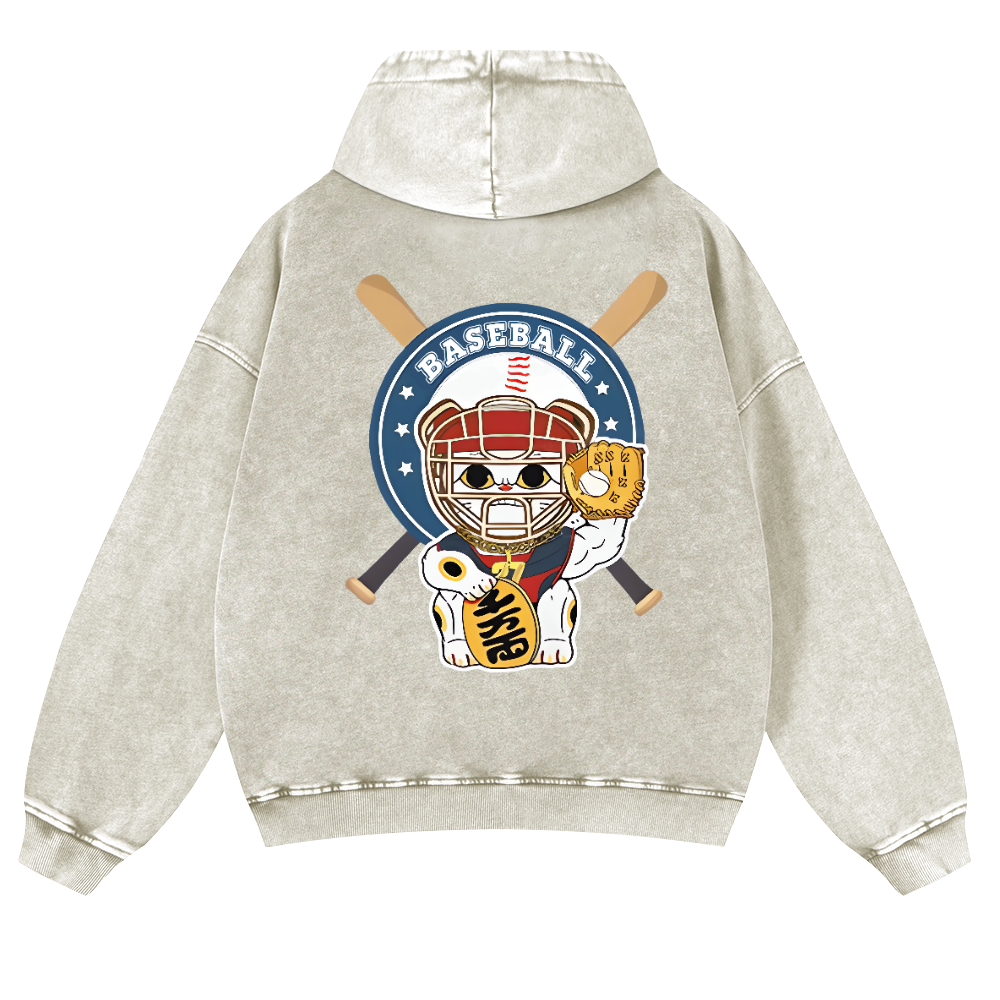 Baseball Cat Vintage Washed Cotton Back Art Hoodie