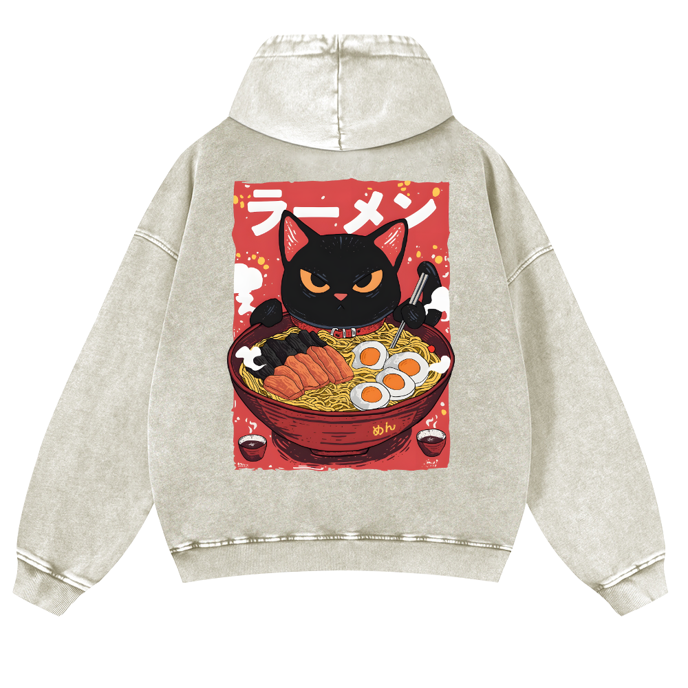Ramen Black Cat Vintage Washed Cotton Back Art Hoodie