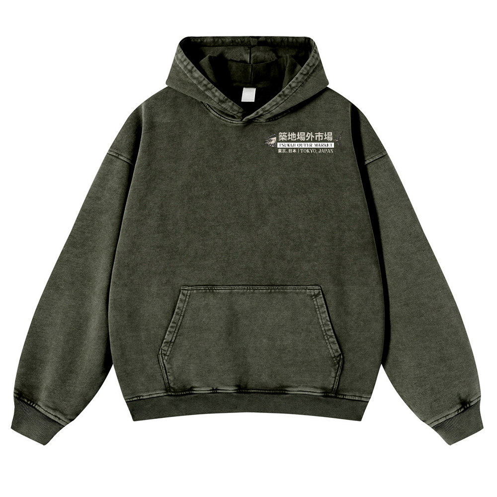 Tsukiji Market Tuna Fish Vintage Washed Cotton Back Art Hoodie