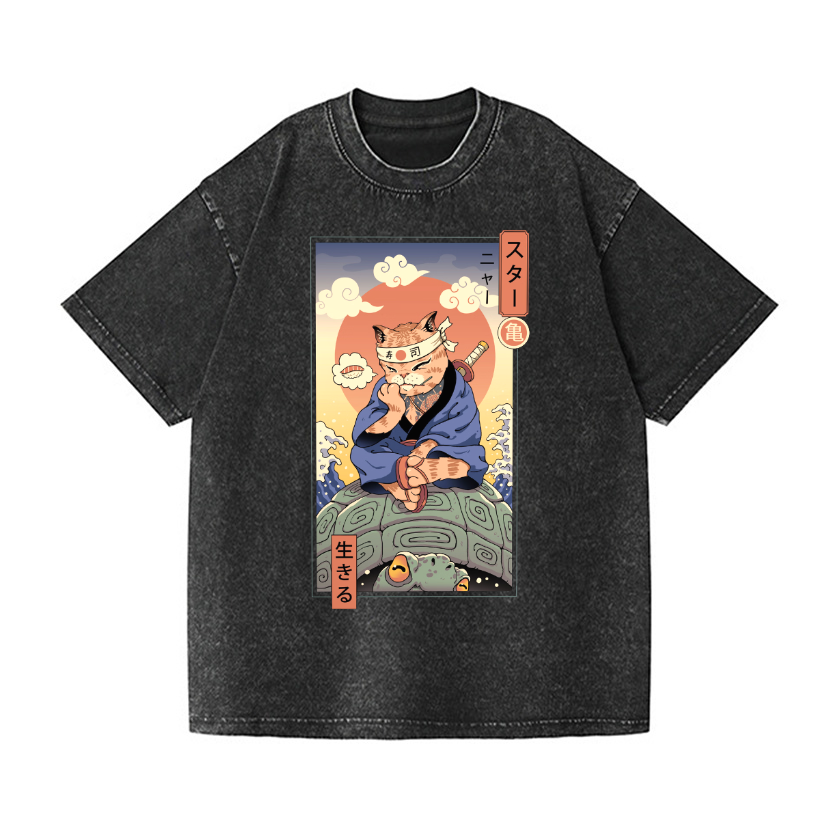 Cat Vintage Wash Japanese Design T-Shirt