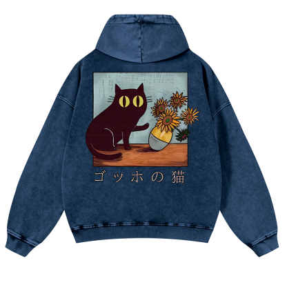 Cat Vintage Washed Cotton Back Art Hoodie