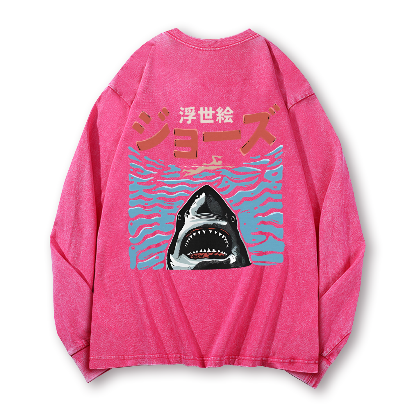 Ukiyoe Jaws Shark Vintage Washed Cotton Back Art Long-sleeve T-shirt