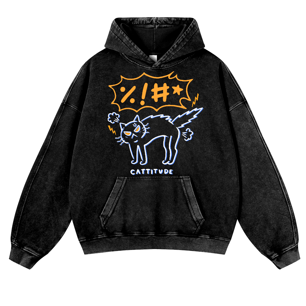 Cat Cattitude Vintage Washed Thick Cotton Hoodie