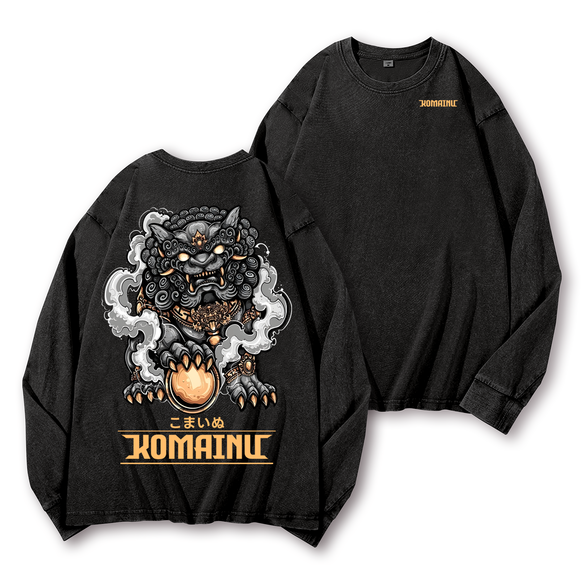 Komainu Vintage Washed Cotton Back Art Long-sleeve T-shirt