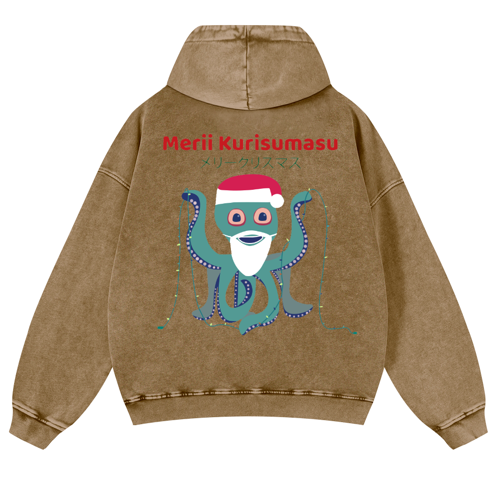 Christmas Octopus Vintage Washed Cotton Back Art Hoodie