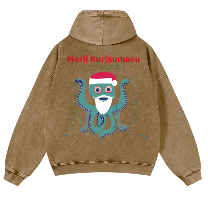 Christmas Octopus Vintage Washed Cotton Back Art Hoodie
