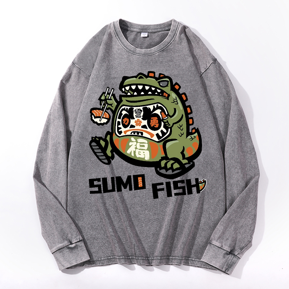 Sumo Fish Daruma Sushi Vintage Cotton Wash Crewneck Sweatshirt