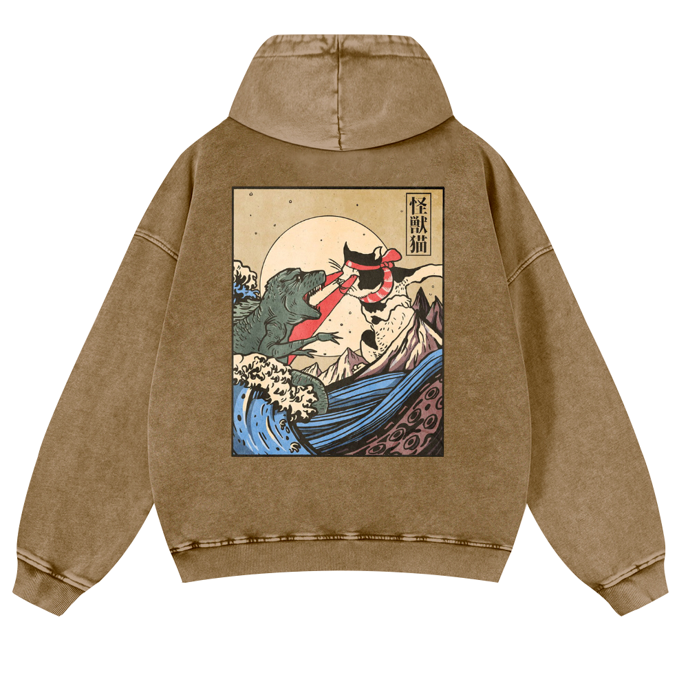 Cat Vintage Washed Cotton Back Art Hoodie