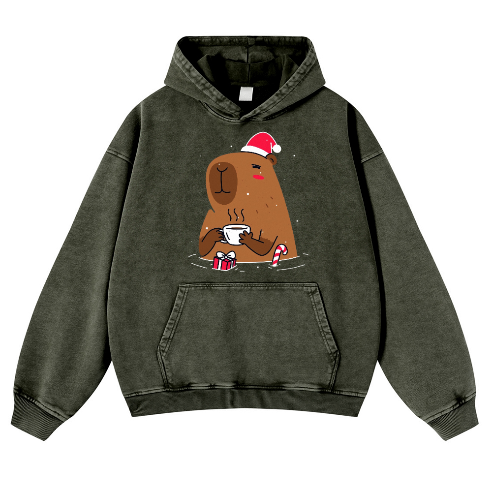 Capybara's Christmas Time Vintage Washed Thick Cotton Hoodie