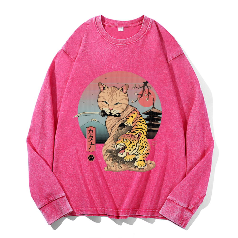 Cat Vintage Cotton Wash Crewneck Long-Sleeve T-Shirt
