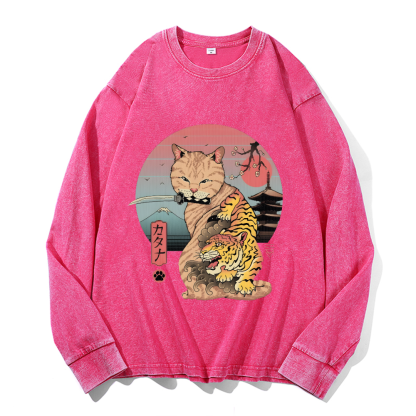 Cat Vintage Cotton Wash Crewneck Long-Sleeve T-Shirt