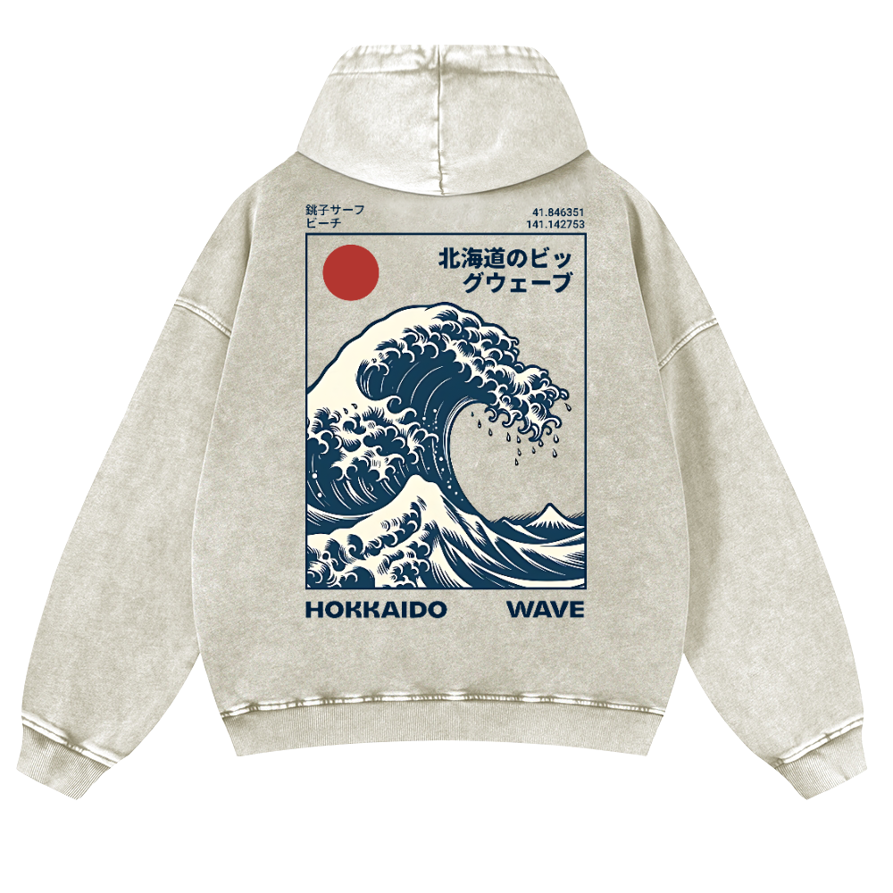 Hokkaido Wave Ukiyoe Vintage Washed Cotton Back Art Hoodie