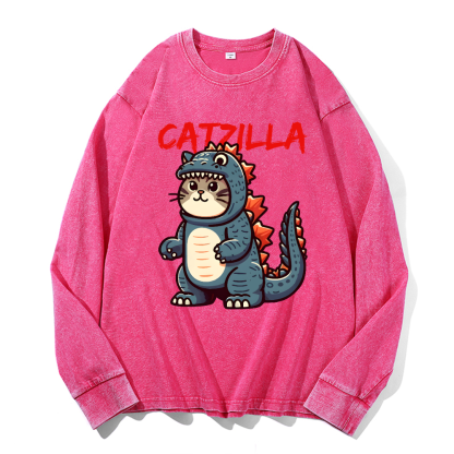 Catzilla Cat Godzilla Vintage Cotton Wash Crewneck Sweatshirt