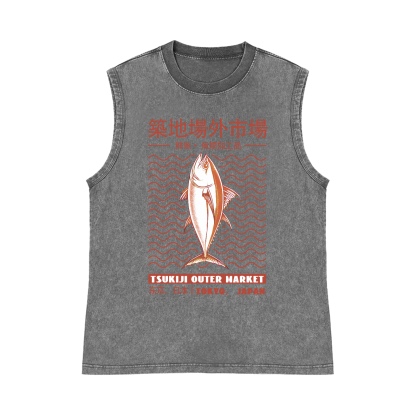 Tokyo Japan Tsukiji Out Market Fish Pure Cotton Wash-Dyed Sleeveless Tank Top