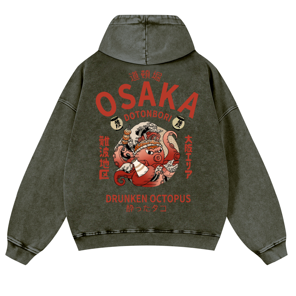 Osaka Dotonbori Drunken Octopus Vintage Washed Cotton Back Art Hoodie