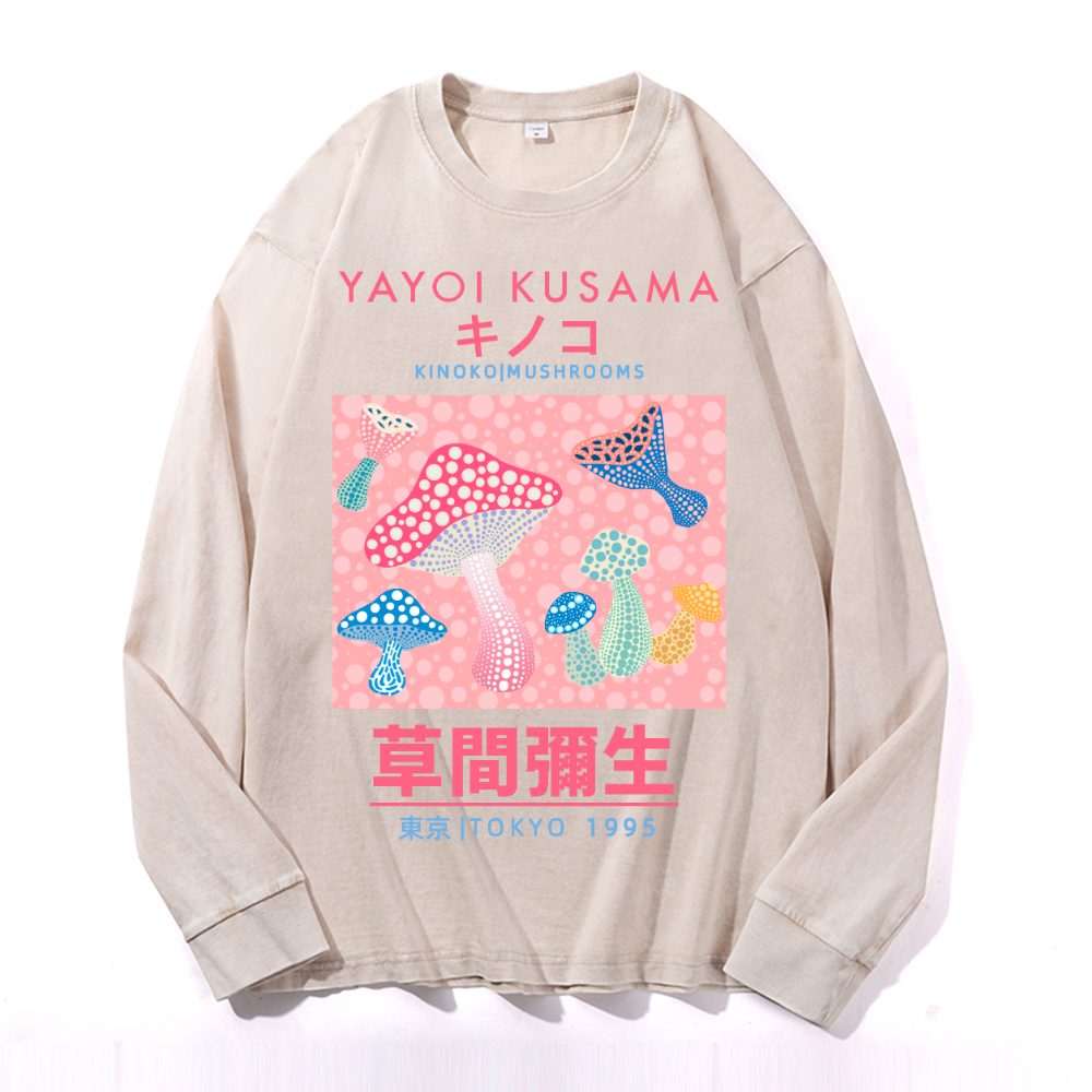 Yayoi Kusama Mushroom Vintage Cotton Wash Crewneck Long-Sleeve T-Shirt