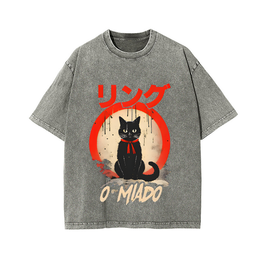 Black Cat Vintage Wash Japanese Design T-Shirt