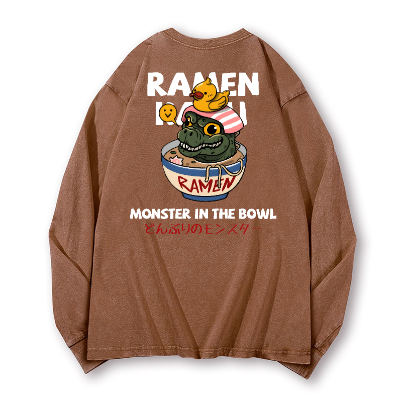Ramen Godzilla Vintage Washed Cotton Back Art Long-sleeve T-shirt