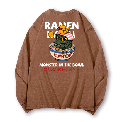 Ramen Godzilla Vintage Washed Cotton Back Art Long-sleeve T-shirt