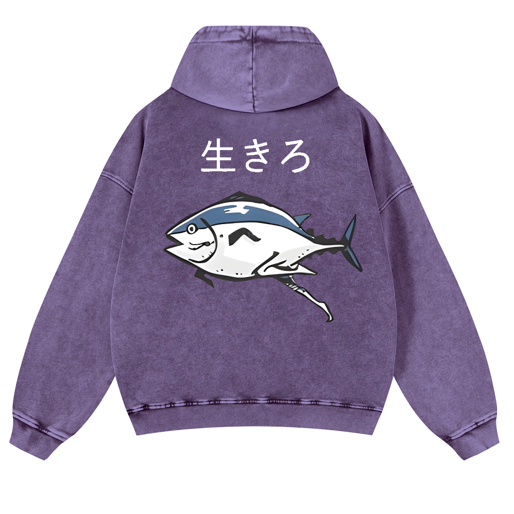 The Living Fish Vintage Washed Cotton Back Art Hoodie