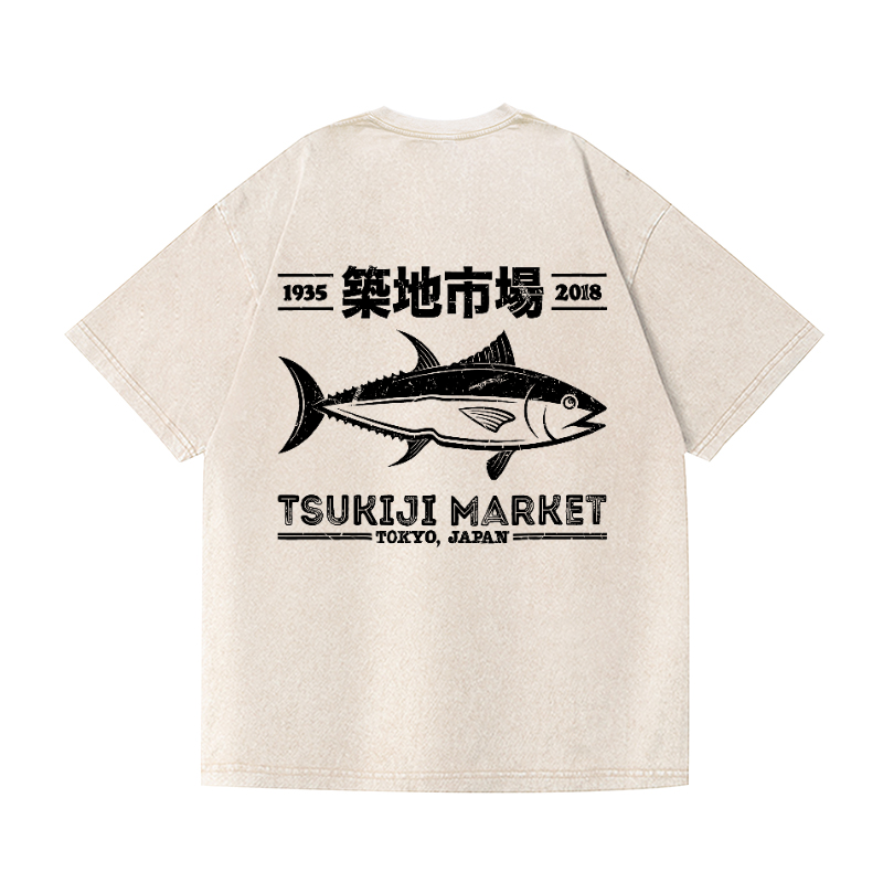 Tsukiji Market Tokyo Japan Fish Vintage Wash Japanese Design Back Art T-Shirt