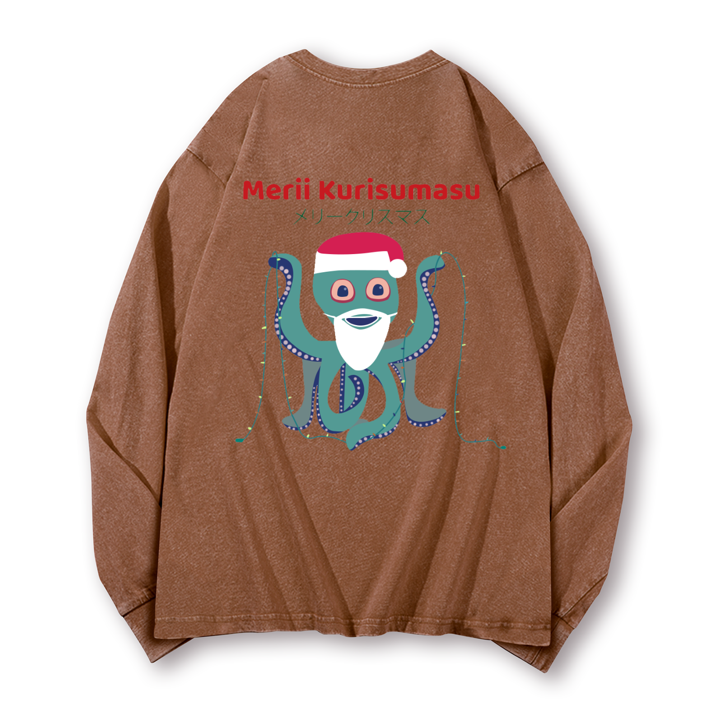 Christmas Octopus Vintage Washed Cotton Back Art Long-sleeve T-shirt