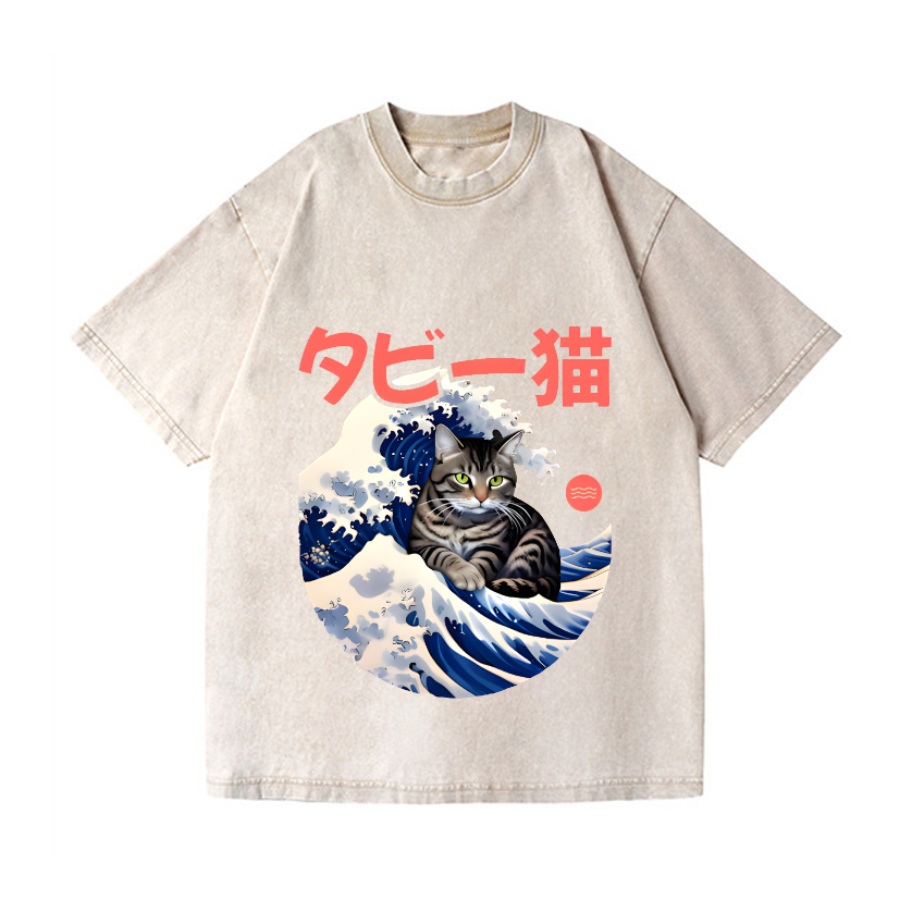 Cat Wave Vintage Wash Japanese Design T-Shirt