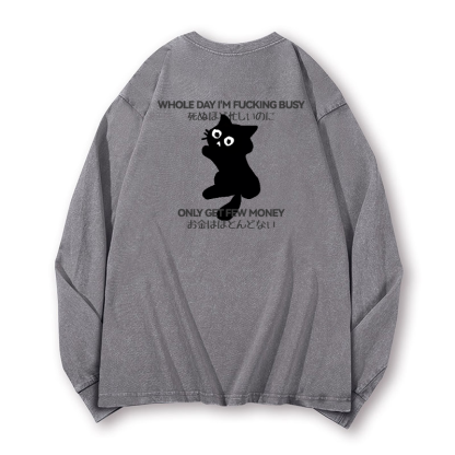 Cat Vintage Washed Cotton Back Art Long-sleeve T-shirt