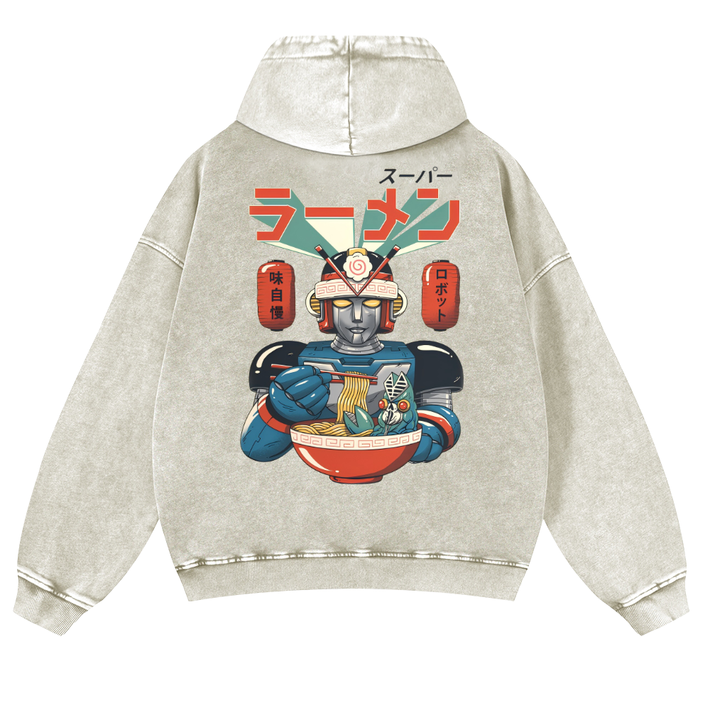 Ramen Robot Vintage Washed Cotton Back Art Hoodie