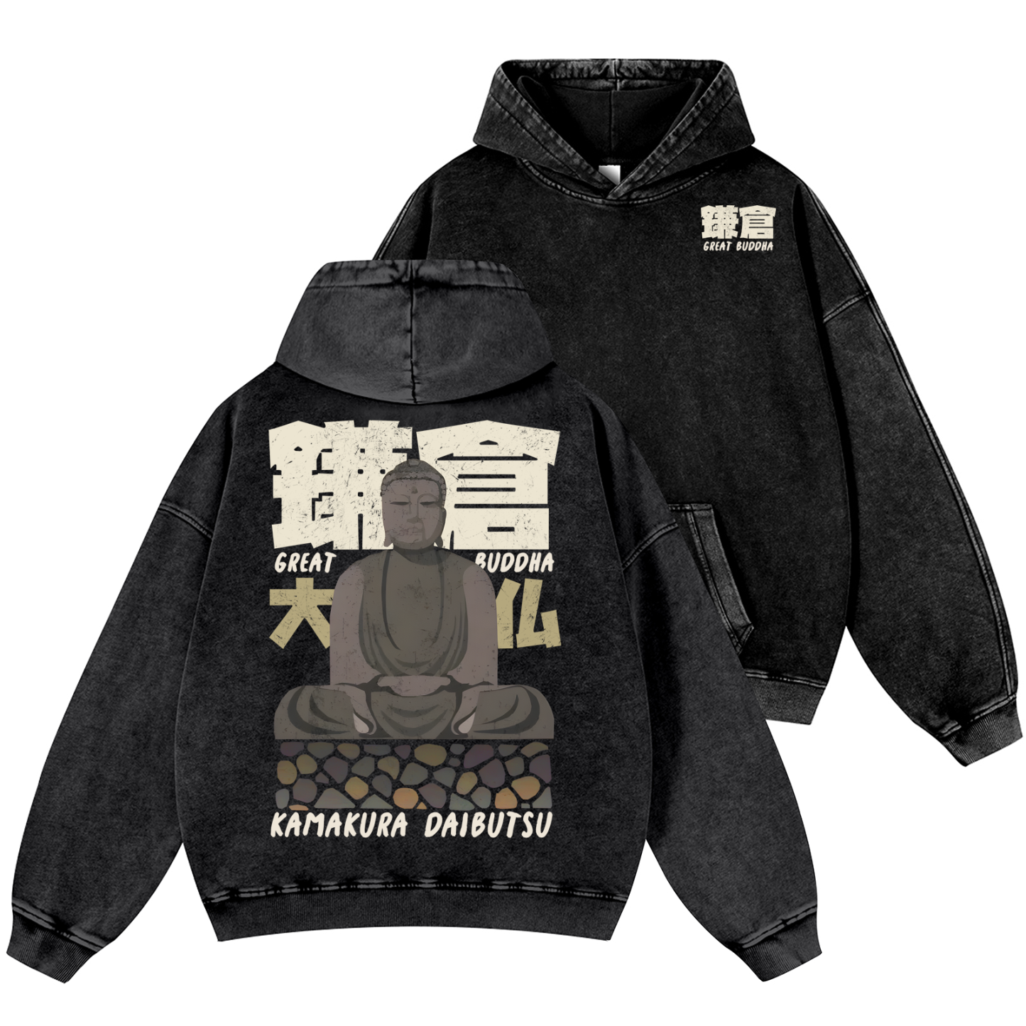 Kamakura Daibutsu Great Buddha Vintage Washed Cotton Back Art Hoodie