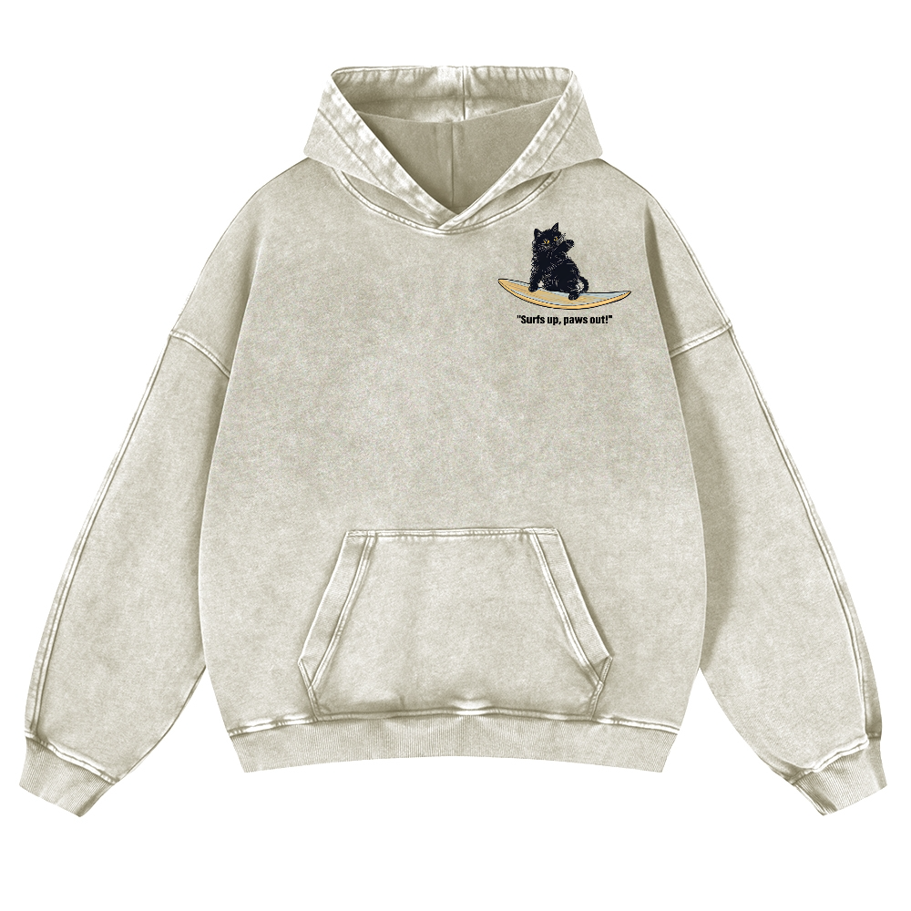 Black Cat Great Wave Vintage Washed Cotton Back Art Hoodie
