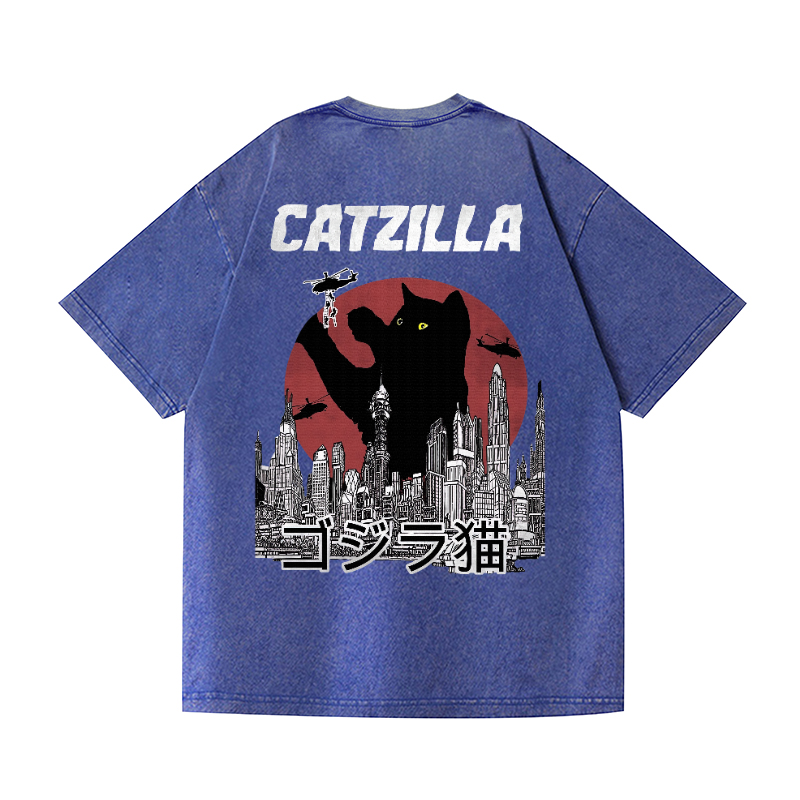 Cat Godzilla Catzilla Vintage Wash Japanese Design Back Art T-Shirt